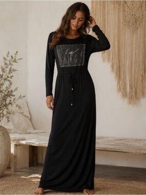 🌹 Harvest 🌹 Long Black Soft Knit Sequin Pearl Drawstring Waist Dress